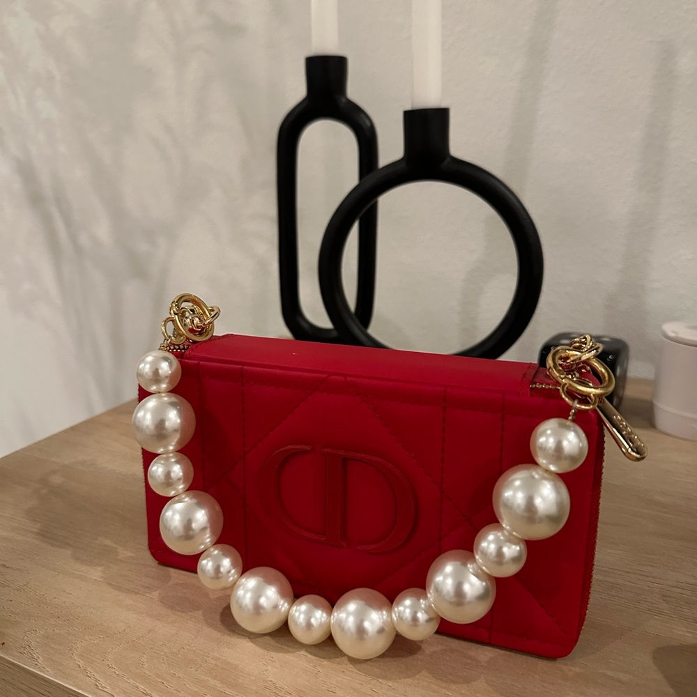 Dior Red Quilted Bag Clutch with Removable Pearl Handle and Gold Chain